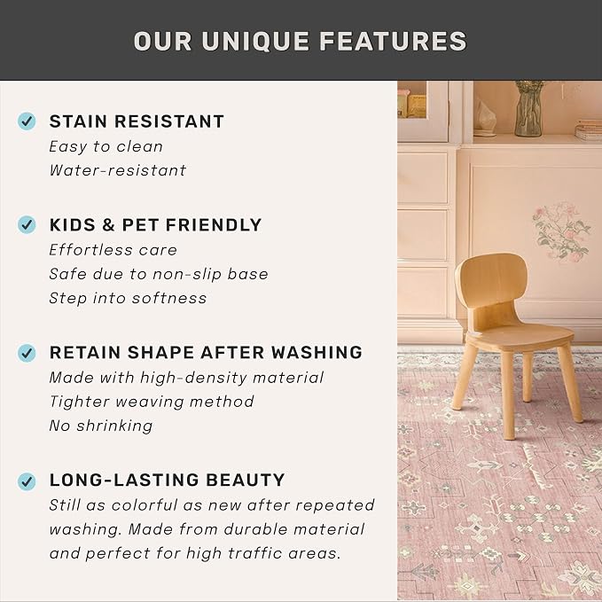 Pink and Gold Girls Rugs for Bedroom, 4x6 Non Slip Nursery Floral Area Rug - Image 7