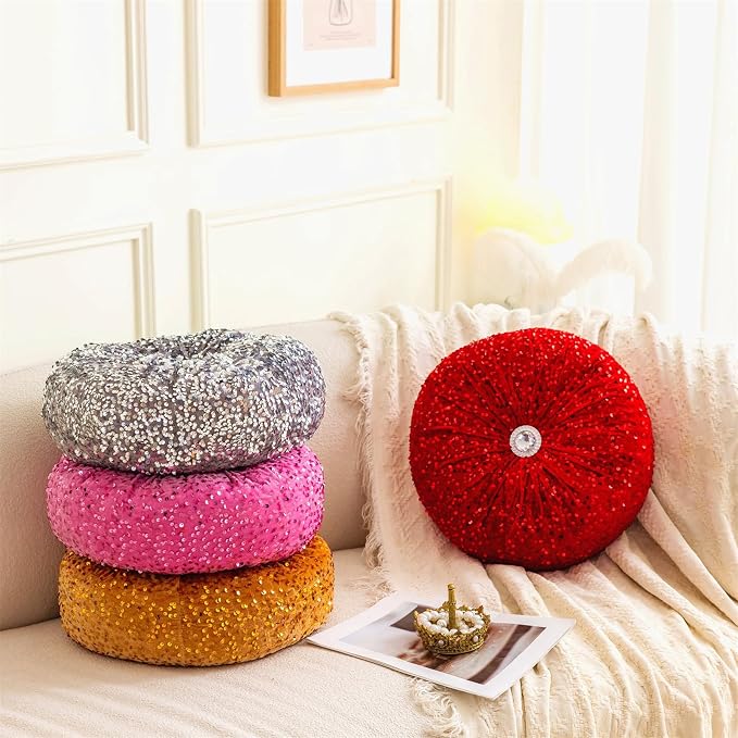 Round Throw Pillow, 13.7in Soft Solid Color Sequin Glitter Decorative Round - Image 5