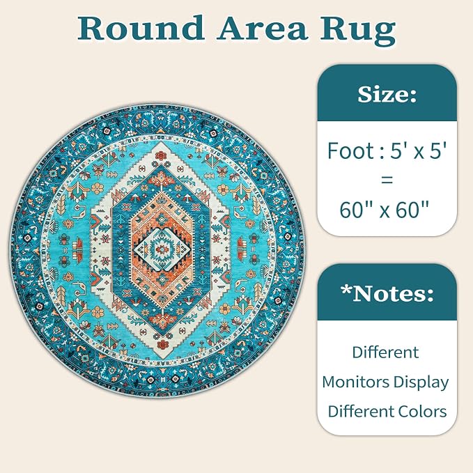 SERISSA Boho Round Area Rug, 5ft Washable Non-Slip Circle Rug, Ultra Soft - Image 6