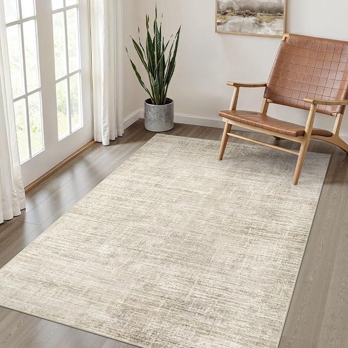4x6 Rug Washable Area Rugs: Neutral Abstract Soft Modern Stain Resistant Small by LOONGRUG