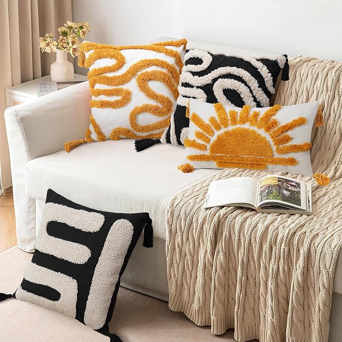 Adabana Boho Decorative Yellow Throw Pillow Covers 20x20, Tufted Sun Pillow - Image 6