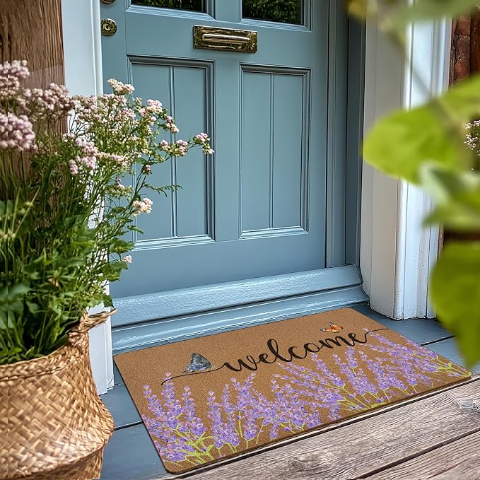 Lavender Floral Welcome Door Mat, Rustic Floral Butterfly Welcome Front Door - Image 2