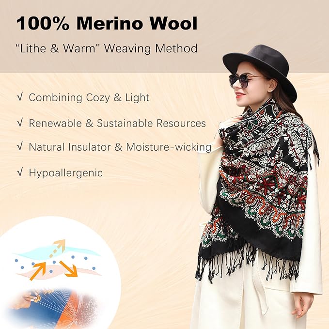 DANA XU 100% Merino Wool Extra Large Pashmina Blanket Travel Scarf Cashmere Wrap - Image 3