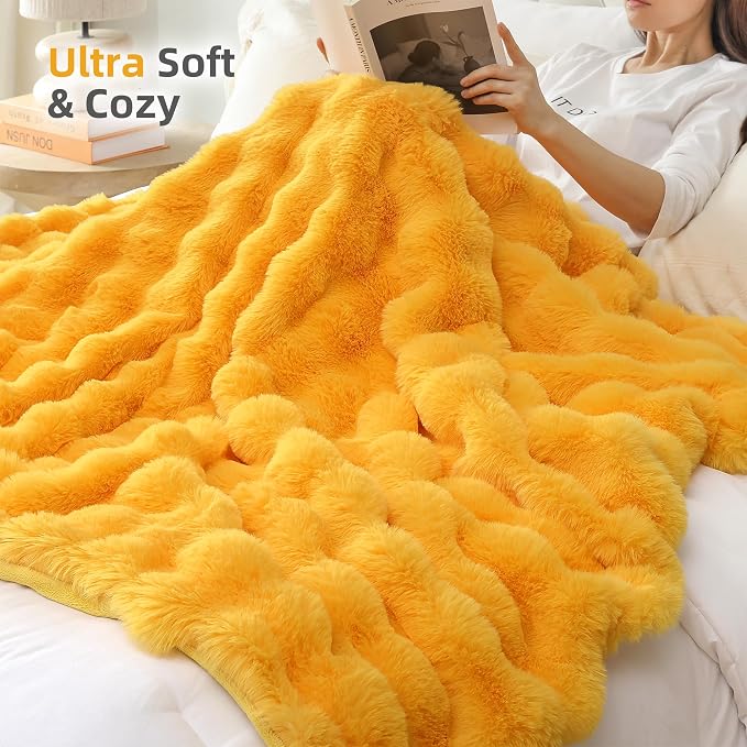 Smoofy Faux Fur Throw Blanket for Couch – Mustard Yellow Fluffy Cozy Rabbit - Image 4