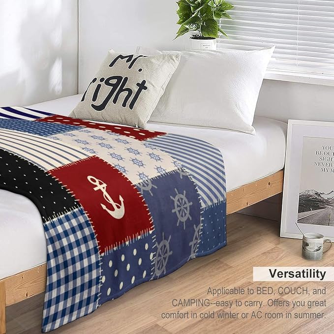 Nautical Blanket Vintage Coastal Rustic Red Blue White Polka Dot Stripe Anchor - Image 3