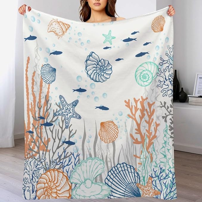 Nautical Coastal Blanket, Starfish Seashell Coral Beach Themed Drapes Ocean - Image 7