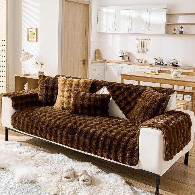 Faux Fur Couch Cover Fuzzy Soft Plush Thick Bubble Sofa Cover Luxury Sectional - Image 3
