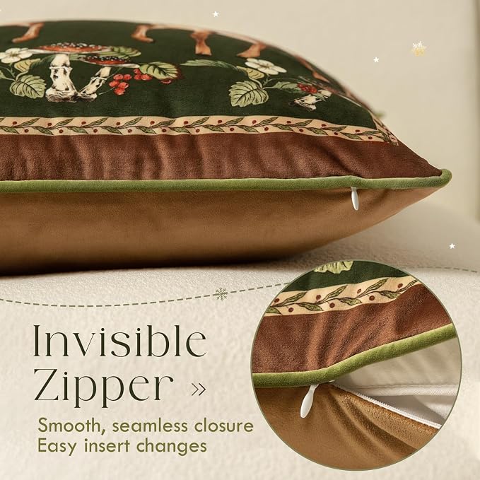 Grandmillennial Holly Deer Green Pillow Cover, Velvet Euro Sham Covers - Image 5