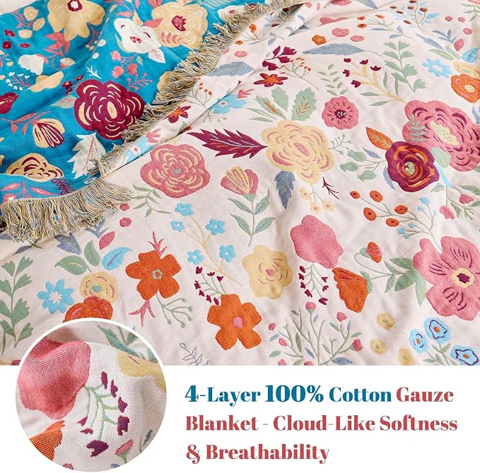 MSGKV Boho Throw Blanket for Couch 100% Cotton Floral Blanket 50"x60" Sofa Bed - Image 4
