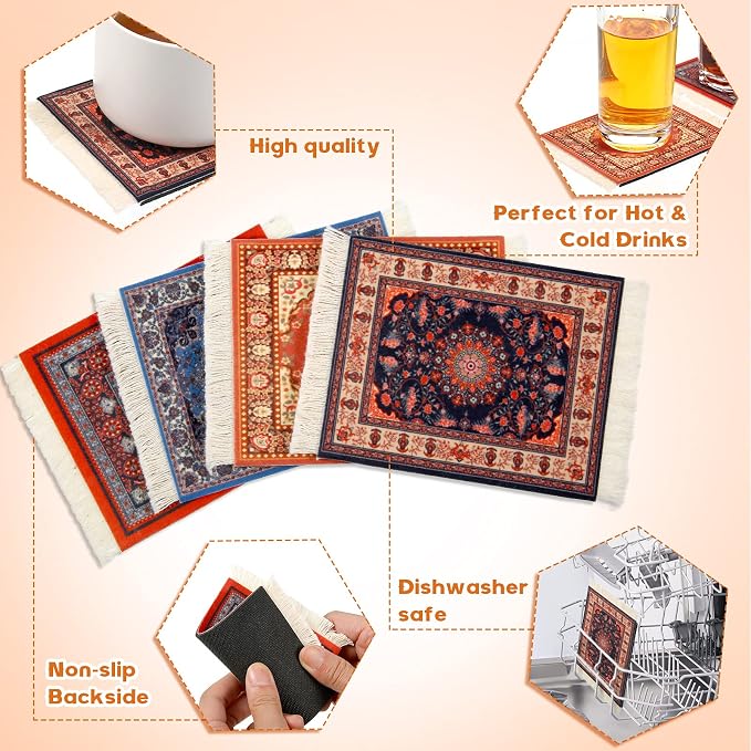 4 Pieces Rug Table Coasters Table Drink Holders Oriental Design Fabric Carpet - Image 5