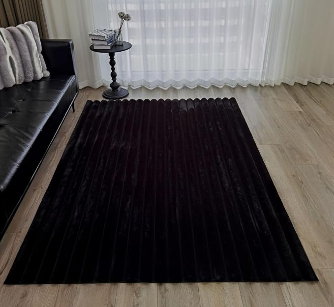 GLORY RUGS Area Rugs Striped Soft Faux Rabbit Fur Rug 5x7 Becky Black Plush by GLORYRUGS