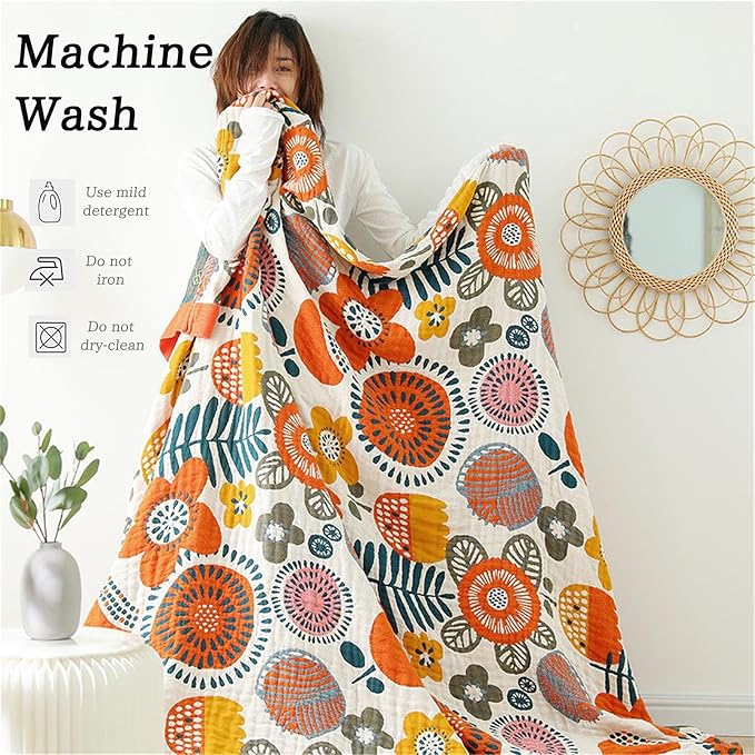 Cotton Throw Blanket for Couch Bed 100% Cotton Quilt 90''x 98'', Boho Floral - Image 4