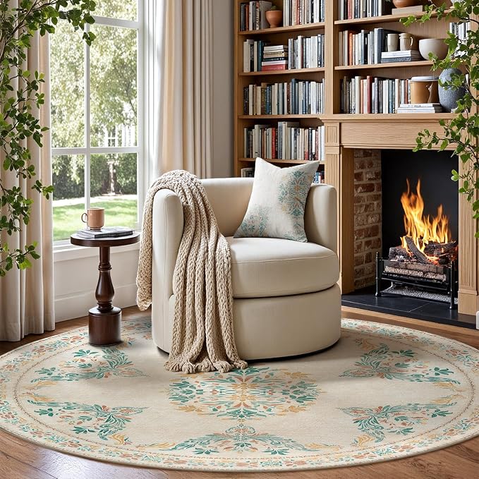 jinchan Round Rug 6ft Area Rugs Vintage Floral Distressed Design, Machine - Image 9
