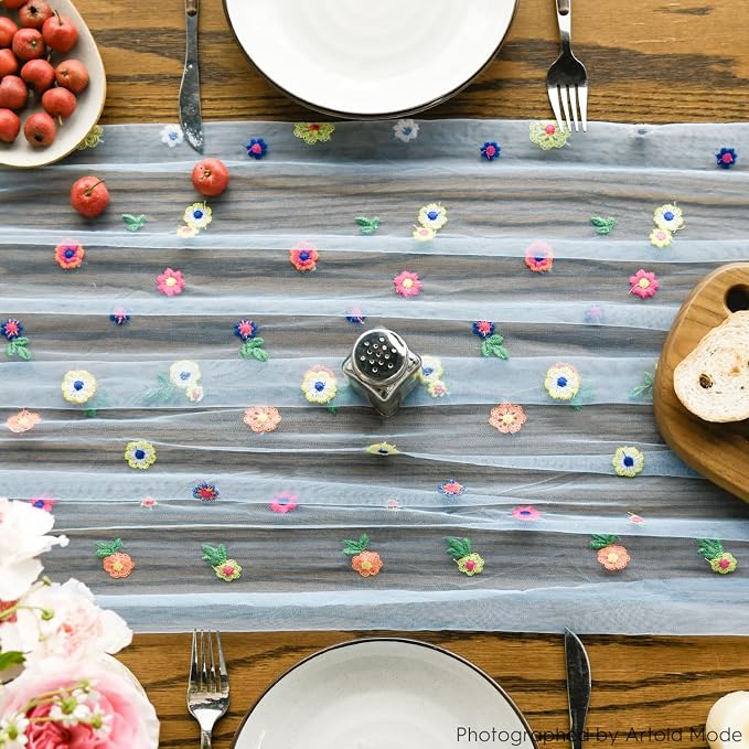 Artoid Mode Blue Embroidery Daisy Gauze Table Runner 120 Inch 10FT, Seasonal - Image 2