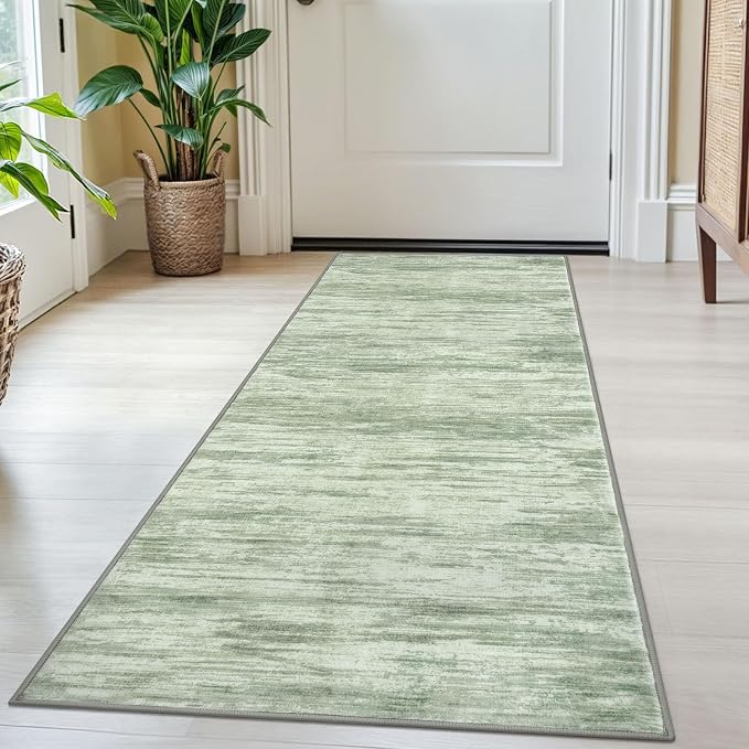 2x5 Modern Abstract Runner Rug for Hallways, Light Sage Green and Ivory Super by SiiloomRug