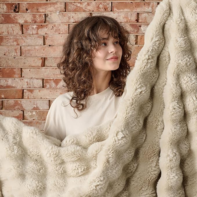 Lotus Karen Faux Fur Throw Blanket Linen - Image 7