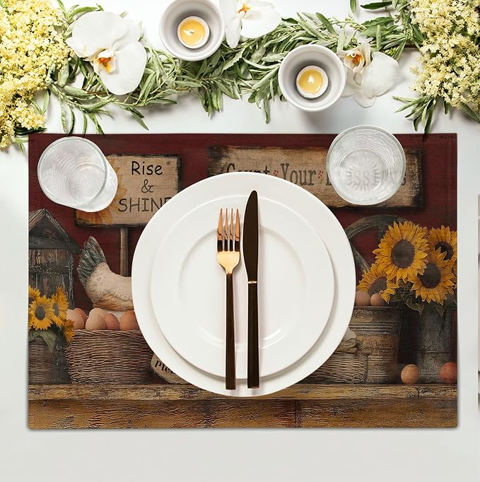 Farmhouse Rooster Placemats Set of 4 Farm Animal Chicken Place Mats 12x18 Inch - Image 3