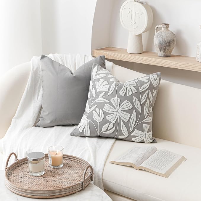 BlissBlush Grey Velvet Floral Decorative Throw Pillow Cover 20X20, Light Gray - Image 4