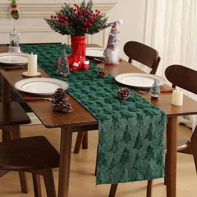 Christmas Tbale Runner 13x36 Inch Soft Plush Faux Fur Jacquard Green Big Small - Image 6