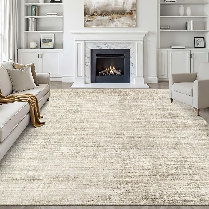8x10 Area Rugs Living Room: Washable Large Neutral Beige Rug Abstract Soft by LOONGRUG