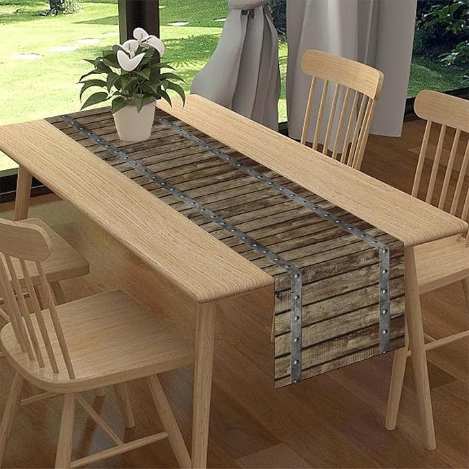 Farmhouse Wood Bar Table Runner, Rustic Country Retro Brown Village Plank - Image 2