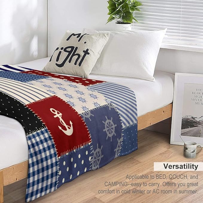 Nautical Blanket Vintage Coastal Rustic Red Blue White Polka Dot Stripe Anchor - Image 3