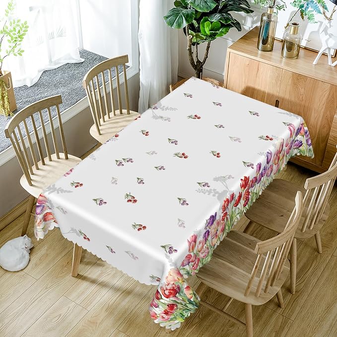 54x70inches Floral Tablecloth Red Purple Tulip Flowers Blooming Rectangle Table - Image 5
