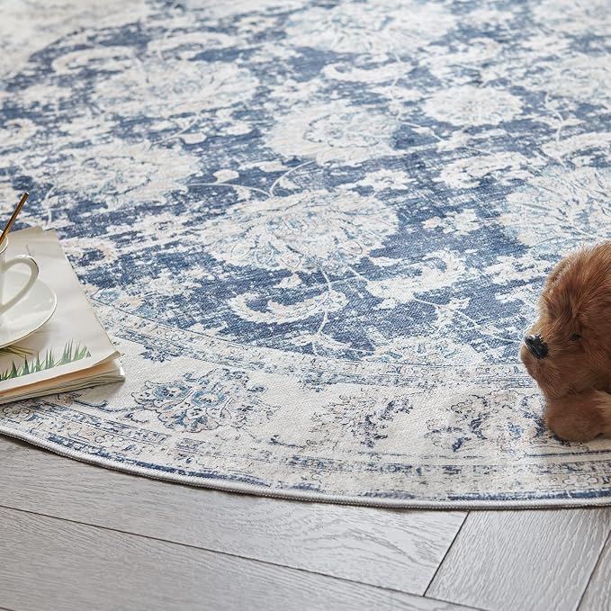jinchan Fiora Round Rug 6ft Area Rugs Vintage Floral Distressed Design - Image 7