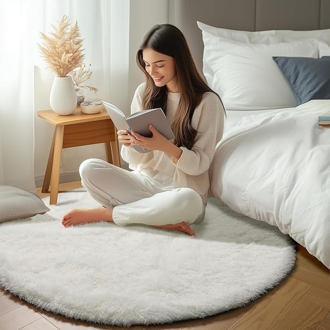 ONASAR Cream White Round Area Rugs 6ft, Fluffy Soft Bedroom Circle Rug Floor Mat - Image 5