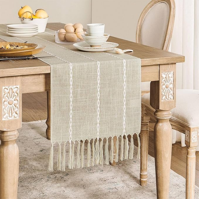 ZeeMart Farmhouse Braided Striped Table Runner, Rustic Beige Table Runners 60 - Image 2
