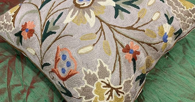 Beige Floral Pillow Cover Taupe Flower Traditional Hand Embroidered Pillowcase - Image 3