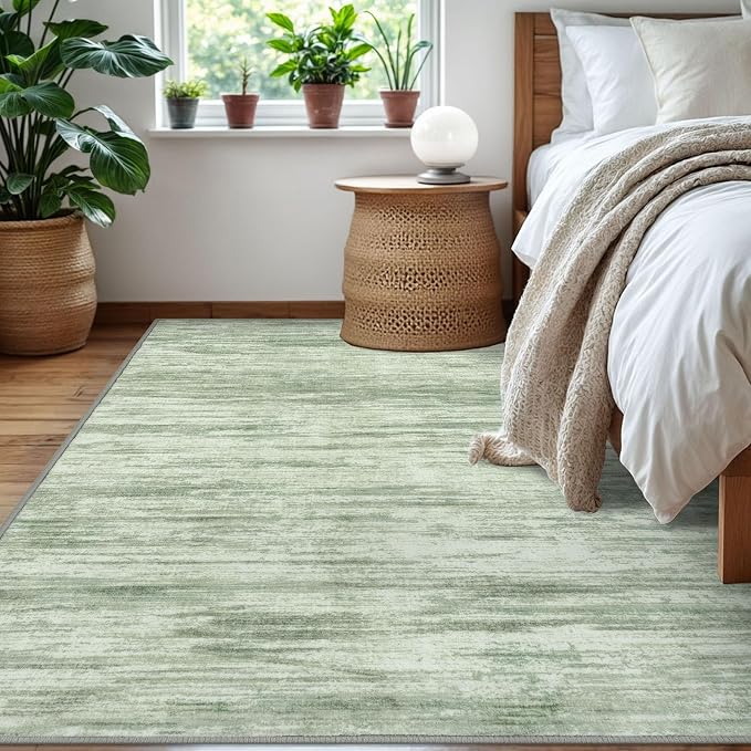 5x7 Modern Abstract Area Rug for Bedroom, Light Sage Green and Ivory Large - Image 3
