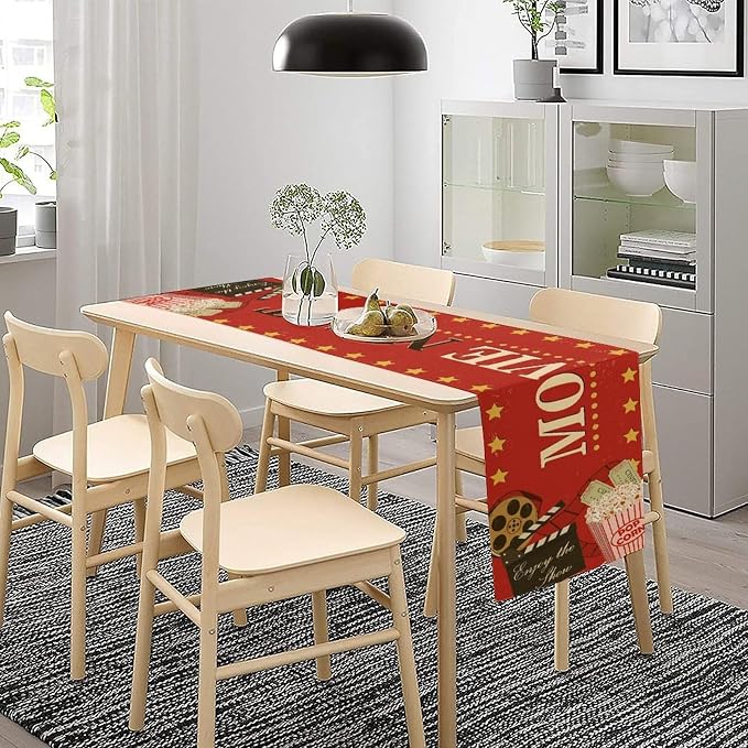 Movie Night Table Runner Old Fashion Film Reels Popcorn Table Decor Movie - Image 3