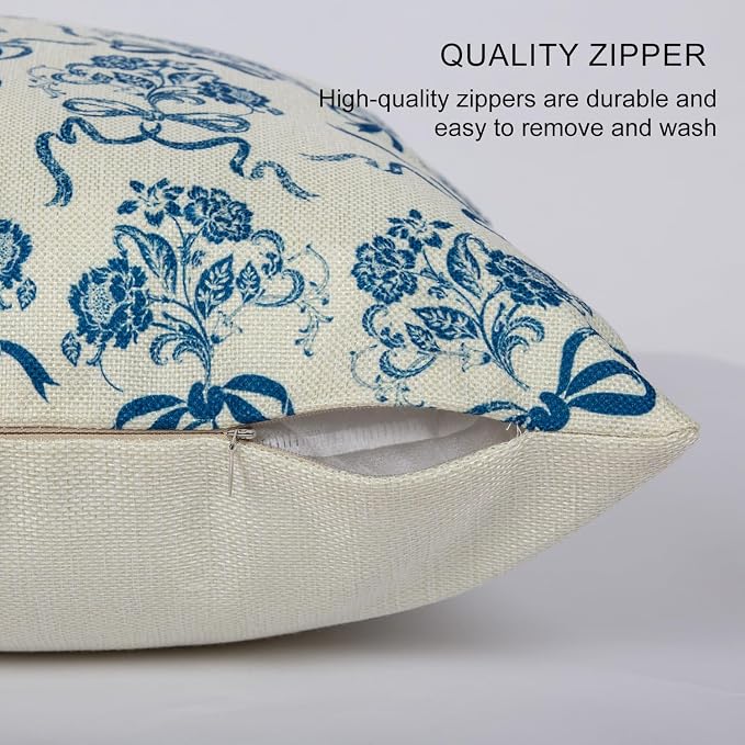 Vintage Blue Flower Pillow Cover 18x 18 Set of 2, Chinoiserie Floral Bow - Image 4