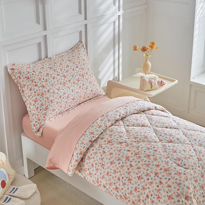 DuShow Toddler Bedding Set for Girls, 4 Pieces Floral Toddler Girl Comforter Set - Image 2