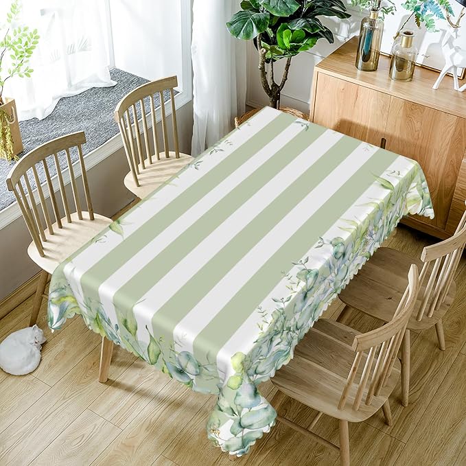 60x120inches Green and White Stripes Tablecloth Watercolor Green Eucalyptus - Image 5