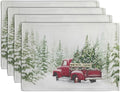 Red Truck Christmas Placemats Set of 4, 12x18 Inch Green Pine Tree Snow Xmas by Wnoesat