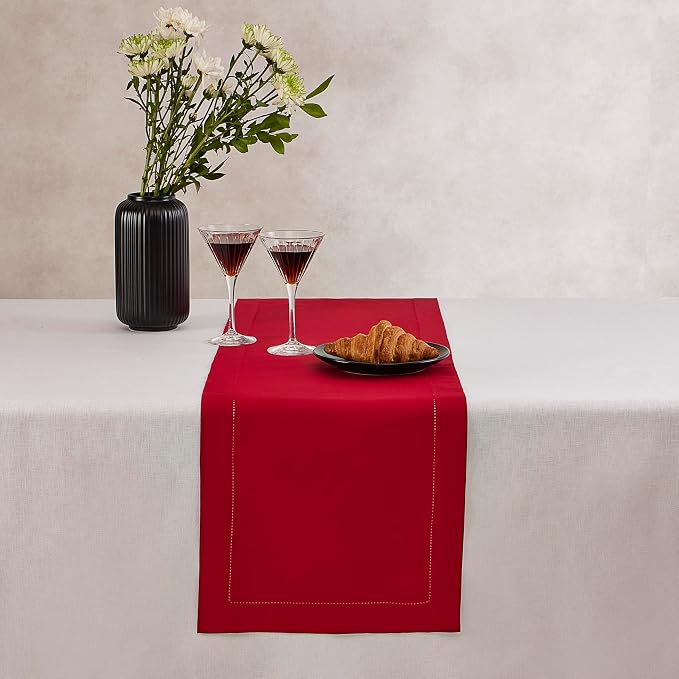 Home Ekaa Cotton Linen Red Table Runner 72 Inches Long – Washable Hemstitch 14 - Image 3