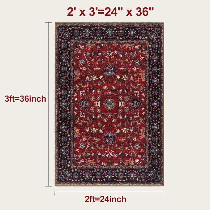 Tangsoo 2x3 Washable Rugs for Entryway, Vintage Floral Rug Red Small Area Rug - Image 2