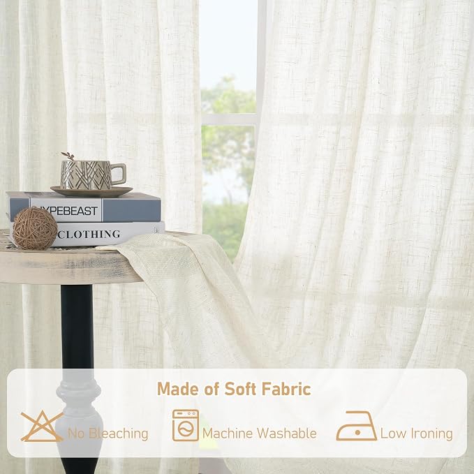 LAMIT Cream Linen Curtains 24 Inch Length, Semi Sheer Light Filtering Window - Image 8