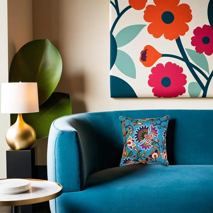 Turquoise Floral Pillow Cover Modern Flower Pillowcase Floral Hand Embroidered - Image 9