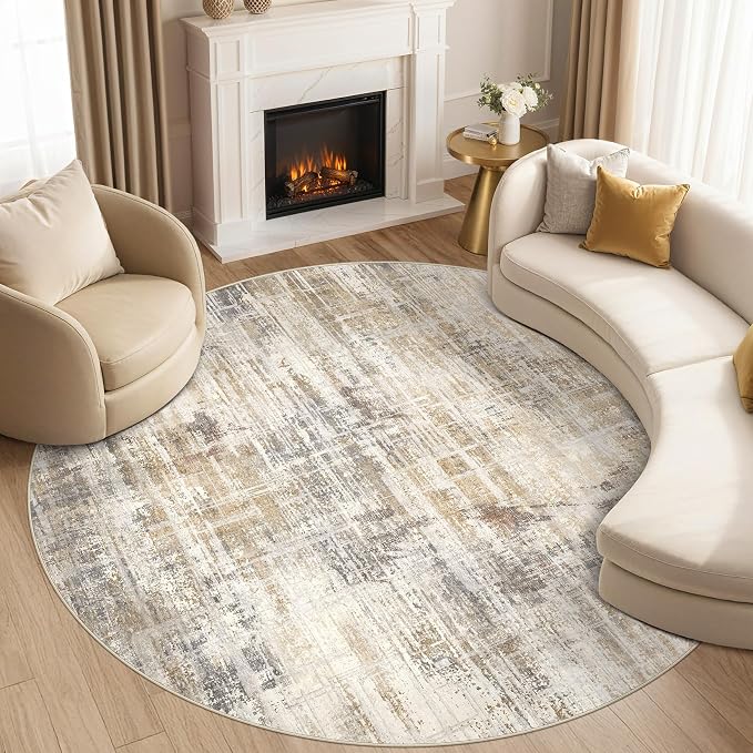 8ft Round Area Rug for Living Room: 8x8 Washable Neutral Abstract Modern Soft - Image 8