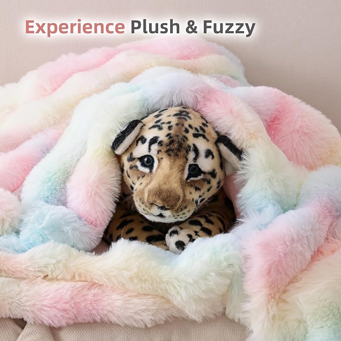 Smoofy Faux Fur Throw Blanket for Couch – Rainbow Fluffy Cozy Rabbit Fleece - Image 7