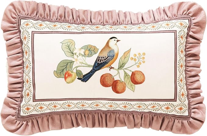 Pink Rectangle Farmhouse Throw Pillow Covers, Birds and Flowers Pattern Cozy by bilingaier