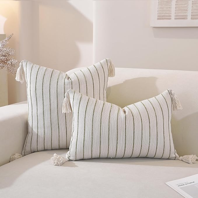 Boho Throw Pillow Covers 18x18 Inch Set of 2, Textured Linen Striped Square - Image 2