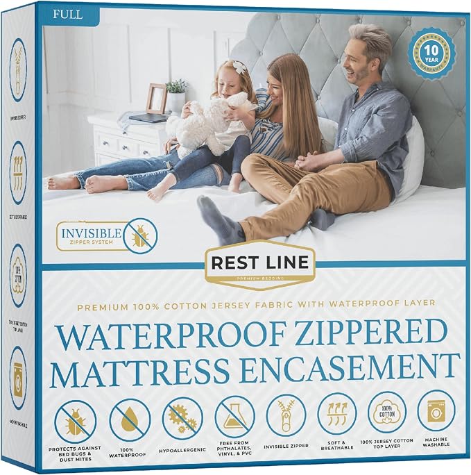 Full/Double 54x75” Premium Waterproof Zippered Mattress Encasement, 100% Cotton by RestLine