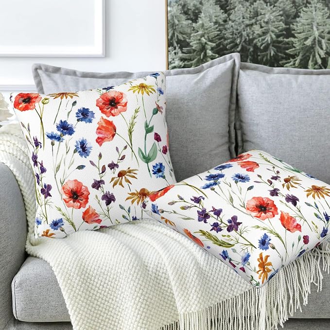 Wildflowers Throw Pillow Covers Set of 2 Watercolor Poppy Pillow Covers 18x18 - Image 5