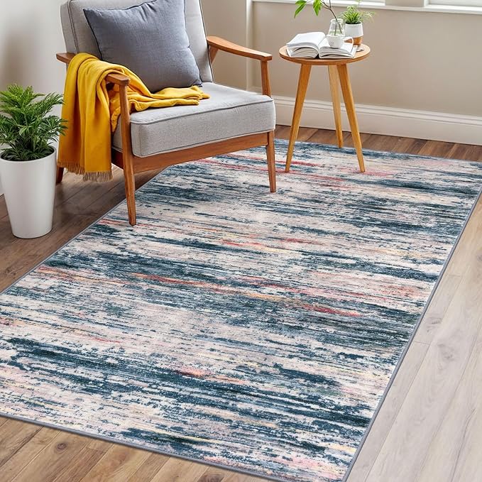 3x5 Modern Abstract Area Rug for Entryway, Teal Blue Peach Gray Multi Super - Image 3