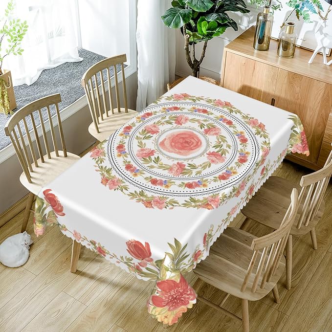 60x84inches Floral Rectangle Tablecloth Pink Rose Flower Wreath Printed - Image 5