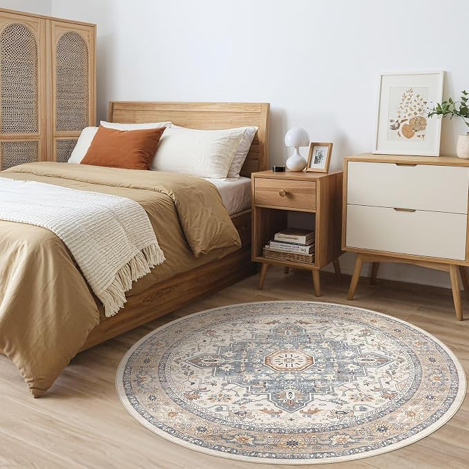 Round Rug Living Room Rugs: 4x4 Washable Boho Neutral Large Circle Soft Indoor - Image 4